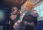  2boys armor black_gloves black_hair blonde_hair blue_eyes brown_gloves can cloud_strife commentary crisis_core_final_fantasy_vii final_fantasy final_fantasy_vii gloves green_scarf headwear_removed helmet highres ho_fan holding holding_can holding_helmet indoors looking_at_another male_focus multiple_boys one_eye_closed open_mouth parted_bangs scarf shinra_infantry_uniform shoulder_armor sidelocks smile spiked_hair sweater symbol-only_commentary turtleneck turtleneck_sweater upper_body vending_machine zack_fair 