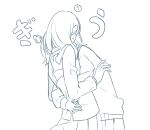  2girls ? commentary_request cowboy_shot highres honda_sora hug jacket kashikaze lonely_girl_ni_sakaraenai long_hair medium_hair monochrome multiple_girls pleated_skirt sakurai_ayaka_(lonely_girl_ni_sakaraenai) school_uniform simple_background sketch skirt spoken_question_mark sweatdrop translation_request yuri 