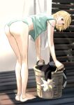  1other androgynous anklet basket bent_over black_coat blonde_hair chinyu11988612 coat crystal_earrings earrings full_body fur-trimmed_coat fur_trim highres hunter_x_hunter jewelry kurapika laundry laundry_basket legband looking_at_viewer short_hair sleeveless solo 