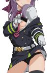  1girl belt black_bra black_jacket black_panties blush bow bra bra_lift clothes_lift gloves hair_bow head_out_of_frame highres hiiragi_shinoa jacket lifted_by_self morisobo necktie nipples one_breast_out owari_no_seraph panties pink_necktie purple_bow purple_hair shirt simple_background skirt skirt_lift smile solo underwear white_background white_belt white_gloves white_shirt 