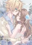  1boy 1girl aerith_gainsborough aqua_eyes arestear0701 artist_name bare_arms bare_shoulders blonde_hair blue_flower blurry blurry_foreground breasts brown_hair closed_eyes cloud_strife collared_shirt couple dress falling_feathers final_fantasy final_fantasy_vii final_fantasy_vii_remake flower grey_jacket grey_shirt hair_between_eyes hair_flower hair_ornament hetero highres jacket jacket_tug long_hair medium_breasts parted_bangs shirt short_hair sidelocks spiked_hair strapless strapless_dress upper_body wavy_hair wedding wedding_dress white_dress 