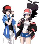  adapted_costume aged_up baseball_cap black_shirt blue_eyes brown_eyes brown_hair cargo_pants feet_out_of_frame hand_in_pocket hat highres hilbert_(pokemon) hilda_(pokemon) jacket long_hair navel one_eye_closed open_clothes open_jacket pants poke_ball pokemon pokemon_(game) pokemon_bw ponytail shirt short_hair short_shorts short_sleeves shorts tank_top tunamayo_0nigir very_long_hair white_background white_shirt 