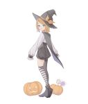 1girl aqua_eyes asymmetrical_legwear baggy_shorts black_cape black_footwear black_headwear black_pantyhose black_shorts blouse boots bow candy cape food frilled_cuffs ghost hair_ornament hairclip halloween halloween_costume hat hat_bow highres jack-o&#039;-lantern kagamine_rin kneehighs lollipop looking_at_viewer looking_back pantyhose pointy_footwear pumpkin shirt short_hair shorts single_kneehigh single_sock sleeves_past_fingers sleeves_past_wrists smile socks solo striped striped_socks sumire_rin swept_bangs turning_head vocaloid white_shirt witch_hat yellow_bow 