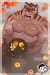  2023 anthro bathing blush convenient_censorship food fruit hermann_(knights_college) hi_res kemono knights_college leaf male mammal moobs musclegut nipples overweight overweight_male plant pteragon sitting solo suid suina sus_(pig) tangerine_(fruit) water wild_boar 