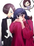  1boy 2girls black_hair black_jacket black_suit blue_eyes boku_no_kokoro_no_yabai_yatsu bow bowtie brown_eyes brown_hair cellphone chair dress_pants formal gloves hair_over_one_eye highres hiroikara_(smhong04) holding holding_phone ichikawa_kana ichikawa_kyoutarou jacket knee_up long_hair mole mole_on_neck multiple_girls phone short_hair sitting smartphone suit thumbs_up traditional_bowtie tuxedo white_gloves yamada_anna 