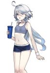  1girl :o ahoge az192837465 blue_eyes blue_shorts breasts commentary_request crop_top cup drinking_straw feet_out_of_frame furina_(genshin_impact) genshin_impact hair_between_eyes hair_intakes highres holding holding_cup long_hair looking_at_viewer midriff navel no_headwear open_mouth short_shorts shorts simple_background small_breasts solo sports_bra standing stomach thighs very_long_hair white_background white_hair wristband 