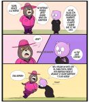  2023 anthro bear border bottomwear brown_body clothing comic dialogue duo eyewear glasses hat headgear headwear hi_res mammal padre_(unicorn_wars) pants purple_body sargento_caricias shirt slightly_chubby spanish_text text topwear unicorn_wars vanatdraws white_border 