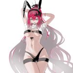  1girl animal_ears arms_behind_head baobhan_sith_(fate) black_panties breasts clothes_lift colored_inner_hair curvy fake_animal_ears fang fate/grand_order fate_(series) grey_eyes grey_hair hair_tie hair_tie_in_mouth highres jwww1375902131 long_hair mouth_hold multicolored_hair navel panties pink_hair pointy_ears ponytail rabbit_ears revealing_clothes shirt shirt_lift sidelocks simple_background slit_pupils solo thigh_strap thighs tiara underwear very_long_hair white_shirt 