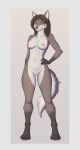  absurd_res anthro breasts canid canine canis female fur genitals hair hand_on_hip hi_res la_responsabilite looking_at_viewer mammal nipples nude pussy simple_background solo tail wolf 