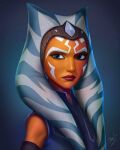  1girl ahsoka_tano alien blue_eyes colored_skin looking_at_viewer orange_skin phil-g-ramsay portrait signature simple_background solo star_wars togruta 