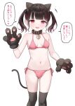  1girl absurdres alternate_costume animal_ears animal_hands bare_arms bare_shoulders bell belt_collar bikini black_hair blush breasts cat_ears collar commentary_request cosplay gloves groin hand_up highres indie_virtual_youtuber looking_at_viewer multicolored_hair neck_bell paw_gloves pink_bikini pink_eyes red_hair rikotan_(vtuber) short_hair simple_background small_breasts solo speech_bubble string_bikini swimsuit takenoko_no_you translation_request twintails two-tone_hair virtual_youtuber 