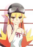  1girl bakemonogatari blonde_hair blush_stickers dress fang gesugesu_ahoaho goggles goggles_on_headwear hand_on_own_chin helmet monogatari_(series) motorcycle_helmet oshino_shinobu pointy_ears simple_background skin_fang solo strap_slip sundress vampire yellow_eyes 