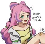  1girl :d bandaid bandaid_on_leg breasts cleavage coat collarbone commentary_request earrings echizen_(n_fns17) eyelashes flying_sweatdrops green_eyes highres jewelry long_hair miriam_(pokemon) notice_lines open_clothes open_coat open_mouth pink_hair pokemon pokemon_(game) pokemon_sv simple_background smile solo sweatdrop sweater tongue translation_request white_background white_coat yellow_sweater 