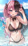  1girl absurdres beach bikini black_bikini black_hair black_ribbon blue_eyes breasts earrings hair_ornament hair_ribbon highres jewelry large_breasts long_hair multicolored_hair navel ocean open_mouth pink_hair pink_ribbon reityana ribbon stomach swimsuit tachibana_hinano_(vtuber) twintails two-tone_hair virtual_youtuber vspo! water_gun x_hair_ornament 