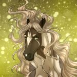  2023 ambiguous_gender blonde_hair blonde_mane bust_portrait digital_media_(artwork) drizer equid equine facial_markings female_(lore) feral hair head_markings hi_res horse looking_at_viewer mammal mane markings multicolored_body portrait simple_background solo sombra_silverhoof_(wasen) two_tone_body yellow_eyes 