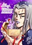  1boy box brown_eyes commentary_request dated gift gift_box grey_hair highres holding holding_gift jojo_no_kimyou_na_bouken leone_abbacchio long_hair male_focus merry_christmas moody_blues_(stand) official_style one_eye_closed portrait purple_lips signature snow snowflake_background stand_(jojo) taki_reki vento_aureo 