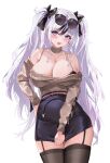  1girl absurdres ano_(madoka23) azur_lane bare_shoulders black_bracelet blue_eyes blush bra bra_peek breasts cleavage contrapposto elbe_(azur_lane) elbe_(pure-hearted_bad_girl)_(azur_lane) eyewear_on_head garter_straps grey_hair highres large_breasts long_hair looking_at_viewer off-shoulder_sweater off_shoulder open_mouth pencil_skirt simple_background skirt skirt_tug solo sunglasses sweater thighhighs twintails underwear very_long_hair white_background zettai_ryouiki 