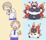  ancient_pokemon anthro big_breasts breasts clothed clothing drakeposting duo female florian_(pokemon) generation_9_pokemon huge_breasts human male mammal nintendo paradox_pokemon pokemon pokemon_(species) pubes question_mark shovocklle slither_wing 