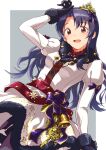  1girl bell black_hair blush cowbell crown desutoroi dot_nose dress fur-trimmed_dress fur-trimmed_gloves fur_trim gloves grey_background hair_ribbon hand_on_own_head highres idolmaster idolmaster_million_live! idolmaster_million_live!_theater_days juliet_sleeves leaf long_hair long_sleeves looking_at_viewer mini_crown open_mouth puffy_sleeves purple_ribbon red_eyes ribbon sash simple_background smile solo star_(symbol) takayama_sayoko white_dress 