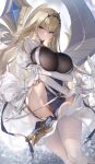  1girl absurdres arm_under_breasts azur_lane blonde_hair blue_eyes blurry blurry_background breasts commentary daefny elbow_gloves gloves groin hair_between_eyes highres large_breasts long_hair looking_at_viewer painleve_(azur_lane) parted_lips pelvic_curtain puffy_sleeves solo thighhighs thighs white_gloves white_thighhighs 
