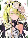  1girl deathpolca demons_roots elbow_gloves falling_petals flower gloves green_eyes green_hair hair_flower hair_ornament highres long_hair looking_at_viewer parted_lips petals rose side_ponytail solo st1911 upper_body white_background white_flower white_rose 