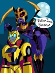  1boy 1girl black_lips black_panties blackarachnia blue_eyes breasts bumblebee_(transformers) colored_skin english_text helmet highres humanoid_robot ink_soup321 medium_breasts panties purple_skin red_eyes robot size_difference thick_thighs thighs transformers transformers_animated underwear 