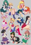  6+girls absurdres aino_minako bishoujo_senshi_sailor_moon blonde_hair blue_footwear blue_hair blush brown_hair chibi_usa green_skirt grey_background happy highres hino_rei kaiou_michiru kino_makoto magical_girl meiou_setsuna mizuno_ami multiple_girls pink_hair purple_hair sailor_jupiter sailor_mars sailor_mercury sailor_moon sailor_saturn short_hair simple_background skirt smile ten&#039;ou_haruka tomoe_hotaru tsukino_usagi yamamori_kuukai 