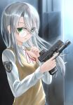  1girl absurdres breasts collared_shirt commentary_request eyes_visible_through_hair glasses green_eyes grey_hair gun hair_over_one_eye handgun highres hiiragi_senri holding holding_gun holding_weapon long_hair long_sleeves looking_at_viewer neck_ribbon original parted_lips red_ribbon ribbon round_eyewear shirt small_breasts solo sweater_vest weapon weapon_request white_shirt 