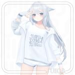  1girl 3d animal_ear_fluff animal_ears blush collarbone fingerless_gloves frown gloves grey_eyes grey_hair hair_between_eyes highres jacket long_hair looking_at_viewer original short_shorts shorts solo sui_chaso v very_long_hair vrchat white_background white_gloves white_jacket white_shorts 