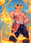  1boy abs bara beard boku_no_hero_academia bulge endeavor_(boku_no_hero_academia) facial_hair feet_out_of_frame fiery_hair fire flaming_hand highres large_pectorals looking_at_viewer male_focus mature_male mavekkart muscular muscular_male navel nipples pectorals pyrokinesis scar scar_across_eye scar_on_face short_hair solo sparkle spiked_hair standing superhero thick_thighs thighs topless_male veins veiny_arms 