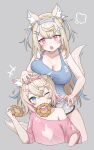  2girls absurdres animal_ears bandaid_hair_ornament blue_eyes blue_hair blue_shirt blush breasts cross_hair_ornament crumbs dog_ears dog_girl dog_tail eating food food_in_mouth fuwawa_abyssgard grey_background hair_ornament hairclip highres holding holding_food hololive hololive_english large_breasts mococo_abyssgard multicolored_hair multiple_girls one_eye_closed open_mouth orenji_(user_fknw7775) pink_eyes pink_hair pink_skirt shirt simple_background skirt streaked_hair tail two_side_up virtual_youtuber 