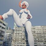  3d_(artwork) absol anthro breasts building digital_media_(artwork) female generation_3_pokemon genitals hi_res looking_at_viewer low-angle_view macro navel navel_piercing nintendo nipples nude piercing pokemon pokemon_(species) pussy rose_duskclaw shiny_pokemon sitting_on_building solo 
