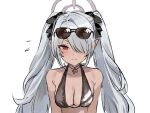  1girl bare_shoulders bikini black_bikini blue_archive blush breasts choker closed_mouth collarbone dark-skinned_female dark_skin dohyo123123 eyewear_on_head flying_sweatdrops grey_hair hair_over_one_eye halo halterneck highres iori_(blue_archive) iori_(swimsuit)_(blue_archive) long_hair looking_at_viewer medium_breasts pointy_ears red_eyes simple_background solo sunglasses swept_bangs swimsuit twintails upper_body white_background 