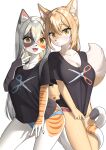  2023 anthro blush breasts calico_cat canid canine cleavage clothed clothing cute_fangs digital_media_(artwork) domestic_cat duo embarrassed etivka felid feline felis female female/female female_anthro fox fur hair hi_res kemono long_hair looking_at_viewer mammal multicolored_body multicolored_fur open_mouth panties pantsless shirt t-shirt tail tongue topwear underwear 