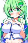  +_+ 1girl bare_shoulders blush breasts cleavage closed_mouth collared_shirt detached_sleeves frog_hair_ornament green_eyes green_hair gyuta hair_ornament highres kochiya_sanae large_breasts long_hair navel shirt simple_background smile touhou upper_body white_background white_shirt 