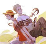  2boys anchor back-to-back black_hair bound chain clenched_hand flying_sweatdrops hat highres katana lock male_focus monkey_d._luffy multiple_boys noey_nuoyi one_piece pants red_shirt roronoa_zoro scar scar_on_face shirt short_hair simple_background sleeveless smile sun_hat sword weapon white_shirt yellow_headwear 