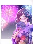  1girl aerial_fireworks ahoge black_sash blush closed_mouth fireworks floral_print flower hair_flower hair_ornament hand_fan highres holding holding_fan japanese_clothes kimono light_(lightpicture33) medium_hair obi paper_fan print_kimono purple_eyes purple_hair purple_kimono sash solo uchiwa upper_body yahari_ore_no_seishun_lovecome_wa_machigatteiru. yukinoshita_haruno 