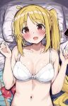  1girl :d ahoge bed_sheet blonde_hair blush bocchi_the_rock! bra breasts cleavage collarbone commentary_request highres ijichi_nijika long_hair looking_at_viewer lying medium_breasts on_back pillow red_eyes rouka_(akatyann) side_ponytail smile solo underwear upper_body white_bra 