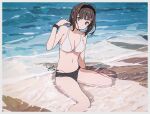  1girl arm_support armband beach bikini black_eyes black_hair breasts day groin hair_between_eyes hairband hand_up looking_at_viewer medium_breasts navel ocean original short_hair sitting solo stomach summer swimsuit thighs uki_atsuya water waves wet wet_clothes wet_hair wet_swimsuit 