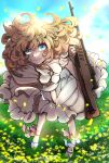  1girl ankle_ribbon blonde_hair curly_hair dress field flower flower_field gun hal_(goshujinomocha) highres leg_ribbon multicolored_eyes outdoors petals ribbon rifle shows sig_mkms solo tanya_degurechaff weapon white_dress wind youjo_senki 