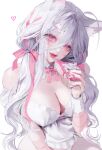  1girl breasts cake cleavage fangs food frills grey_hair hair_ornament hair_ribbon hairclip highres holding holding_cake holding_food large_breasts lips long_hair looking_at_viewer open_mouth original pink_eyes ribbon simple_background sketch solo tongue uuzxw white_background 