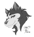  anthro canid canine canis chin_tuft domestic_dog ear_piercing eyeshadow facial_tuft female gauged_ear greyscale headshot_portrait husky lofiflavors looking_aside looking_at_viewer makeup mammal mane monochrome narrowed_eyes nordic_sled_dog piercing portrait smile solo spitz yogoat 