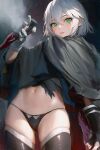  1girl ass_visible_through_thighs bandaged_arm bandages black_panties cloak dagger fate/apocrypha fate/grand_order fate_(series) gloves green_eyes highres holding holding_dagger holding_knife holding_weapon jack_the_ripper_(fate/apocrypha) knife looking_at_viewer looking_back navel panties ryan_tien scar scar_across_eye scar_on_face short_hair skindentation solo thighhighs thighs underwear weapon white_hair 