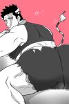  1boy animal_ears ass ass_focus bara blush boku_no_hero_academia cow_boy cow_ears cow_horns cow_tail endeavor_(boku_no_hero_academia) facial_hair greyscale_with_colored_background highres horns light_frown looking_at_viewer male_focus mature_male motion_lines muscular muscular_male pants pink_background presenting_ass scar scar_across_eye scar_on_face short_hair solo spiked_hair stubble tail tail_wagging torn_clothes torn_pants wkcm1213 