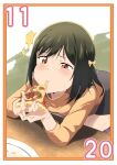 1girl absurdres bent_over black_hair black_skirt blush bow cheese_trail closed_mouth commentary_request dated eating elbows_on_table food hair_bow half-closed_eyes highres holding holding_food holding_pizza kneeling looking_at_food looking_down love_live! love_live!_nijigasaki_high_school_idol_club medium_hair mifune_shioriko november pizza pizza_slice plate puffy_cheeks red_eyes skirt solo struggling sweat sweater table yellow_sweater zasshoku_ojisan 