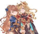  2girls artist_name asymmetrical_bangs beatrix_(granblue_fantasy) black_cape blonde_hair blue_armor blue_eyes breasts brown_hair cape gauntlets granblue_fantasy green_eyes hair_intakes hair_ornament highres lala_(0915_yu) long_hair looking_at_viewer medium_breasts multiple_girls ponytail red_armor smile twintails two-sided_cape two-sided_fabric white_background zeta_(granblue_fantasy) 