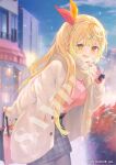  1girl :d blonde_hair blurry blurry_background blush copyright_name finger_to_mouth hair_ornament hair_ribbon hairclip heterochromia highres hoshikawa_sara long_hair long_sleeves looking_at_viewer night nijisanji open_mouth outdoors pantyhose red_eyes red_ribbon reia ribbon sample_watermark sleeves_past_wrists smile solo sparkle very_long_hair virtual_youtuber x_hair_ornament yellow_eyes 