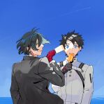  2boys black_hair black_suit blue_eyes blue_sky brown_eyes chaldea_uniform command_spell constantine_xi_(fate) earrings fate/grand_order fate_(series) food formal fujimaru_ritsuka_(male) gloves ice_cream jewelry kitada looking_at_viewer male_focus multiple_boys outdoors profile red_gloves short_hair sky smile suit upper_body 