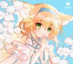  1girl animal_ear_fluff animal_ears arknights bare_shoulders blonde_hair blue_background blue_hairband blush braided_hair_rings clothing_cutout commentary crossed_bangs dress flower fox_ears fox_girl frilled_sleeves frills green_eyes hairband highres lily_of_the_valley looking_at_viewer name_connection object_namesake oonohara_kenya short_sleeves shoulder_cutout single_wrist_cuff solo steepled_fingers suzuran_(arknights) upper_body white_dress wrist_cuffs 
