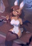  absurd_res ambient_bat anthro arm_warmers armwear barely_visible_genitalia barely_visible_pussy bat blep breasts brown_body brown_fur brown_hair clothing female fensu-san fur genitals gesture hair hi_res jessie_(fensu-san) lagomorph legwear leporid long_ears mammal mostly_nude nipples pussy rabbit red_eyes sitting solo stockings thigh_highs tongue tongue_out v_sign 